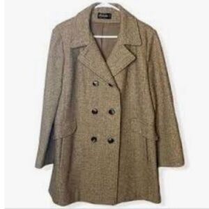 Vintage Arlette Tweed Camel Herringbone Menswear Style Pea Coat.